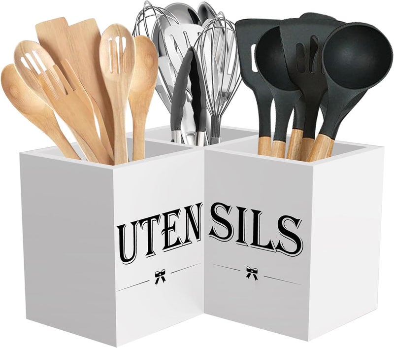 Suli Extra Large Kitchen Utensils Holder with 3 Compartments,Corner Utensil Caddy for countertop,Wooden Utensil Organizer for Kitchen Countertop, Farmhouse Decor- White - Image 1